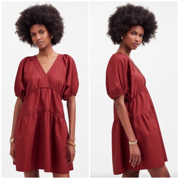 Madewell Puff Sleeve Tiered Mini Dress In Claret Red Size S NWT - Picture 1 of 14